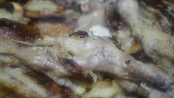 Patatas Fritas Rodajas Con Patas Pollo Con Garras Mayonesa Una — Vídeo de stock