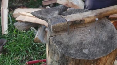 Eski bir çivi sökücüsüyle bir el, bir kütükten çivi çıkarır, yakın plan.