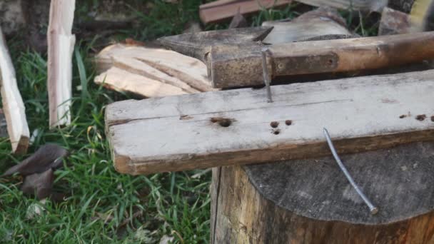 用斧头的一只手把钉子钉在树桩上的一块旧木板上 — 图库视频影像
