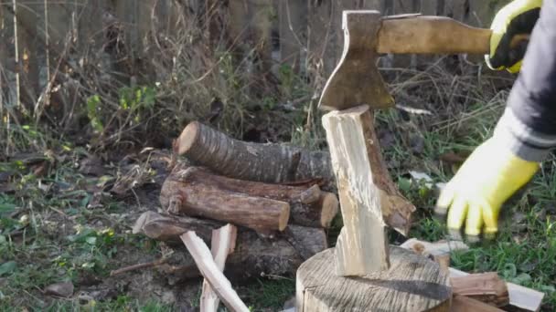 Man Cuts Wood Preparing Cold Weather Heat Stove — Stock Video