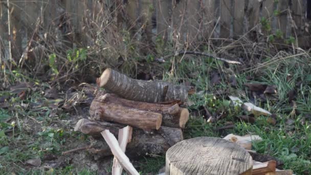 一个人准备给炉子加热 在院子里用斧头劈柴 — 图库视频影像