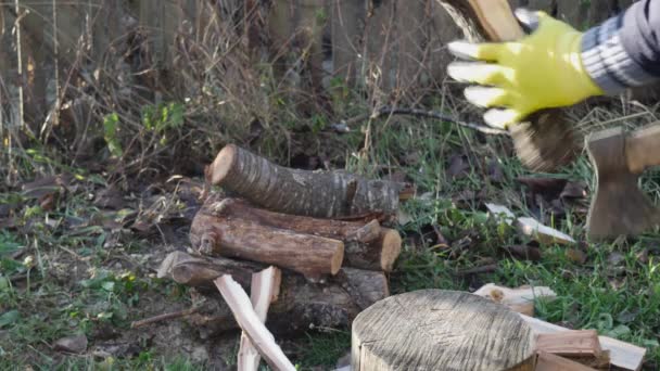 人在自家院子里砍柴 准备过冬 — 图库视频影像