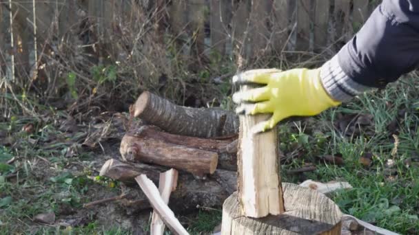 斧を持った男が木を切り冬に備えて — ストック動画