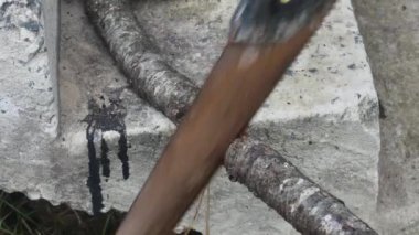 Merdivende eski bir demir testeresiyle dal keserek, yakın plan.