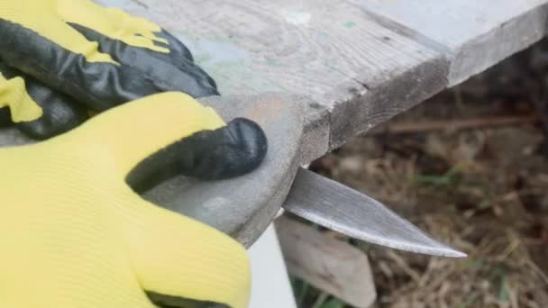 Değirmen Taşıyla Bir Masada Eski Bir Bıçağı Keskinleştirir Yakın Plan — Stok video