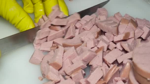 Hand Knife Cuts Boiled Sausage Pieces Salad Close — Vídeo de Stock
