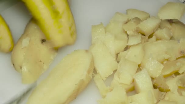 Cook Hand Knife Cuts Boiled Potatoes Close — Video Stock