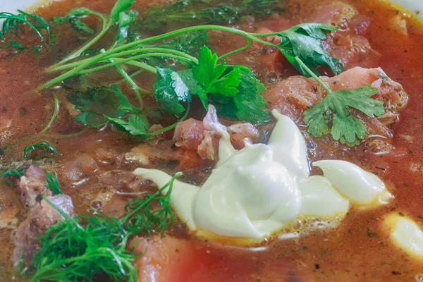 plate with red borscht and mayonnaise, close-up.