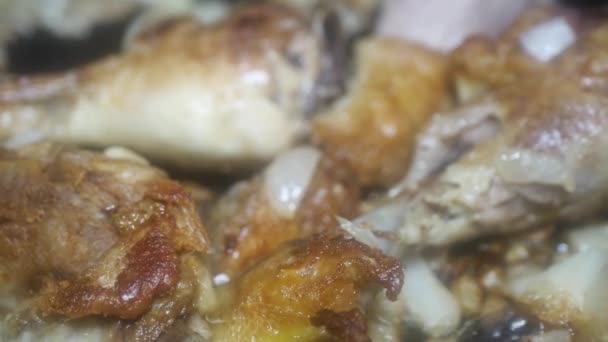 Appetizing Chicken Drumsticks Chopped Onions Fry Frying Pan Side View — Stock video