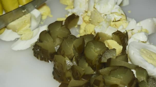 Hand Cook Cuts Boiled Egg Next Pickled Cucumber — Vídeos de Stock