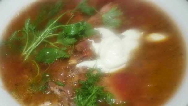 红色罗宋汤和蛋黄酱盘 — 图库视频影像