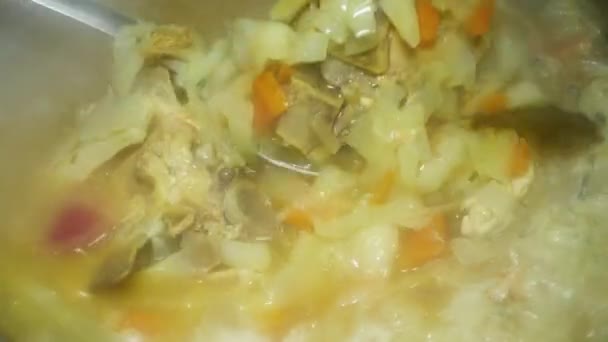 Spoon Mixes Borscht Cabbage Meat Close — Video Stock