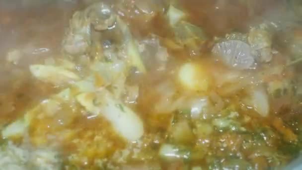 Spoon Stirs Red Borscht Pork Meat Close Popular Dish Ukraine — Vídeos de Stock