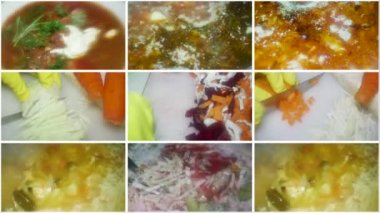 video collage of the process of making homemade red borscht (a popular dish in Ukraine, Moldova and Russia).