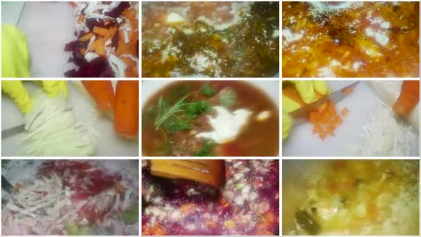 Video Collage Process Preparing Ordinary Homemade Red Borscht Popular Dish — стоковое видео