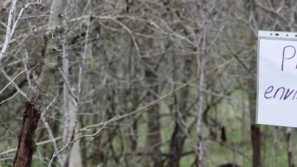 碑文のある紙は森の枝の環境を守りクローズアップし — ストック動画