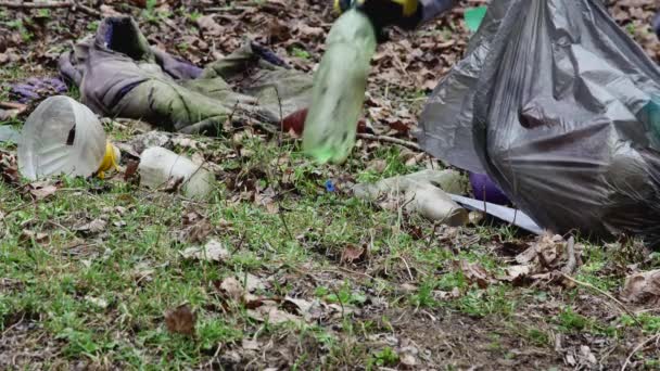 Człowiek Polanie Wkłada Śmieci Plastikowej Torby Śmieci Koncepcja Troski Naturę — Wideo stockowe