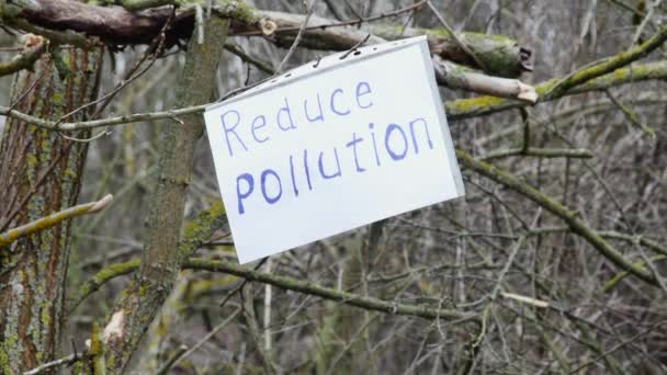 树枝上的一张纸 上面有题词可以减少污染 在森林的一个空地上的垃圾上面 — 图库视频影像