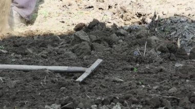 Bir çiftçi bahçesinde kara toprak kazar..