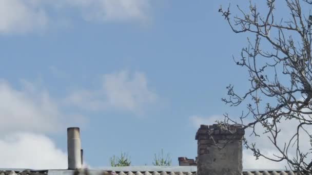 Zeitraffer Der Bewegung Weißer Wolken Himmel Über Einem Alten Dach — Stockvideo