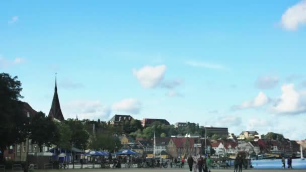 フレンズバーグ ドイツ 2023年9月24日 歴史ある港を歩いている人々 — ストック動画