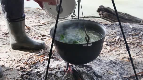 川岸の火災でカルドロンで川魚のスープを調理すると 漁師の手は魚のスープに新鮮なハーブを切りました — ストック動画