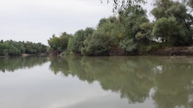 Bir sonbahar nehrinin kıyısında güzel bir manzaranın zemininde balık tutmak için üç dönen çubuk.