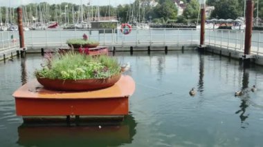 Flensburg, Almanya - 20 Ağustos 2023. Yüzen bir çiçek tarhıyla setin üzerinde yüzen bir köprü.