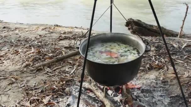 Cocinar Sopa Pescado Clásico Caldero Fuego Naturaleza Cerca Del Río — Vídeos de Stock