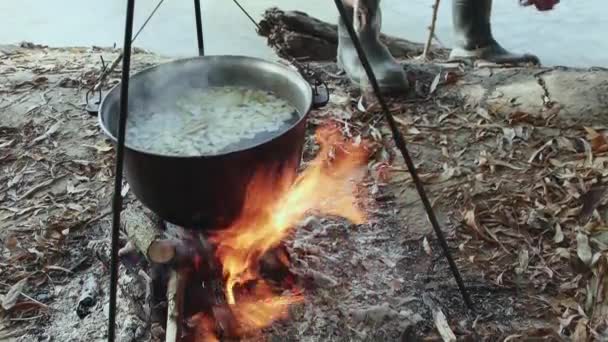 Uomo Aggiunge Rami Fuoco Cucina Zuppa Pesce Calderone Fuoco Natura — Video Stock