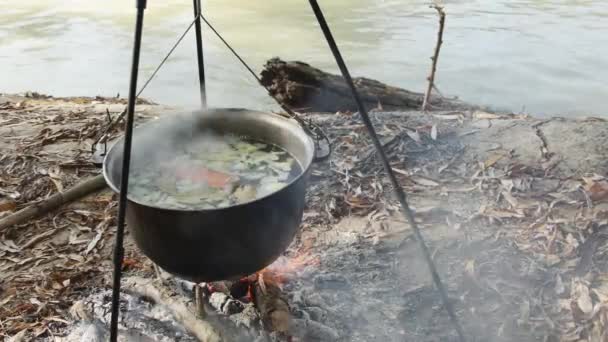 川の近くの自然の火でカルドロンで魚のスープを調理する — ストック動画