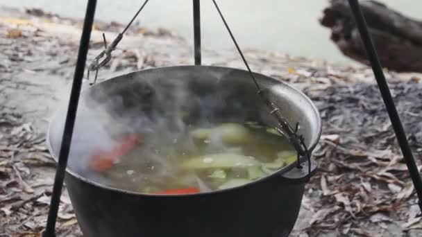 Cocinar Caldero Colgante Sobre Fuego Orilla Del Río Cerca — Vídeos de Stock