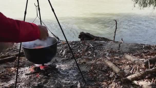 手は沸騰した水にジャガイモを加え 自然の火でカルドロンで魚のスープを調理します — ストック動画