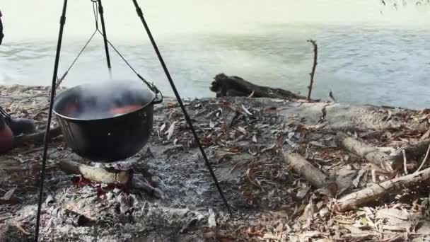 Mano Aggiunge Legna Fuoco Cucina Zuppa Pesce Calderone Fuoco Natura — Video Stock