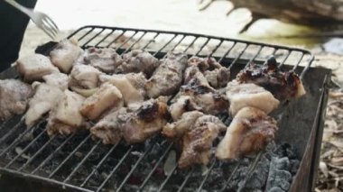  Bir adam ızgarada, nehir kıyısında, yakın planda domuz boyunlu shashlik parçalarını deviriyor.