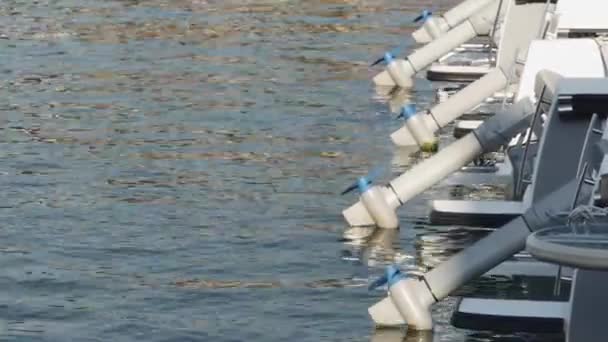 Propeller Für Einen Bootsmotor Schwingen Auf Den Wellen Einer Reihe — Stockvideo