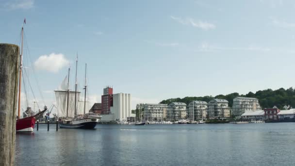 フレンズバーグ ドイツ 2023年7月27日 3マストのスクーナーレジーナマリスは 市港から帆 リアビュー — ストック動画