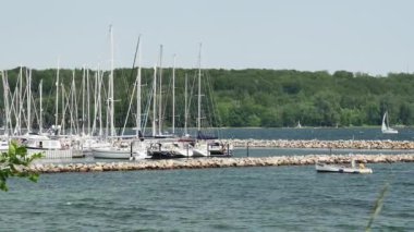 Flensburg, Almanya - 9 Temmuz 2023. Limanda ağaçların arkasına demirlemiş yelkenli yatlar.