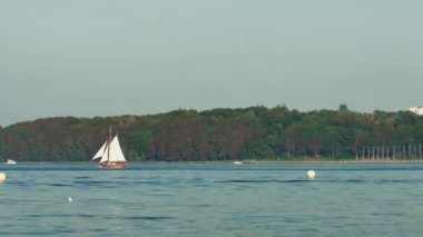 Flensburg, Almanya - 10 Eylül 2023 Deniz Harp Okulu 'nun karşısındaki ağaçların arasından görüş