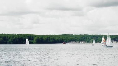 Sakin bir denizde yüzen yatlar denizinden, ağaçların ve binaların olduğu sahilin arka planına doğru.