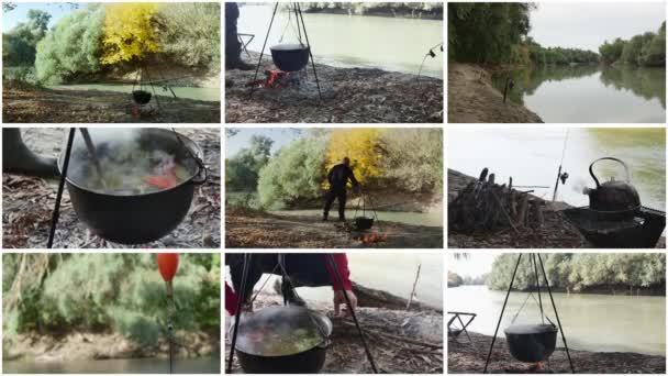 Collage Vídeo Pesca Cocinar Sopa Pescado Orilla Del Río — Vídeos de Stock