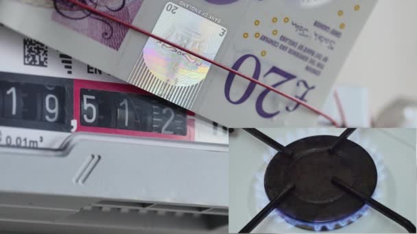 Collage Vidéo Nombres Rotatifs Dans Compteur Gaz Avec Une Note — Video
