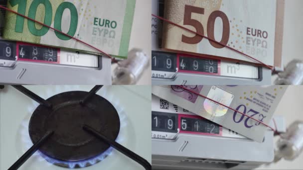 Videokollage Roterande Nummer Gasmätare Med Pengar Ovanpå Och Brinnande Gasbrännare — Stockvideo