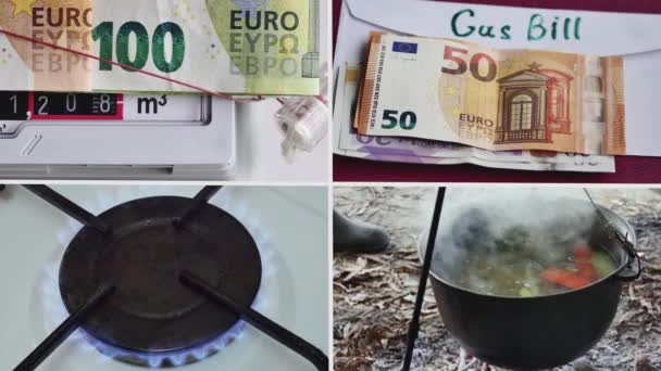 Collage Video Sobre Tema Pagar Por Gas Natural Cocina Alternativa — Vídeo de stock