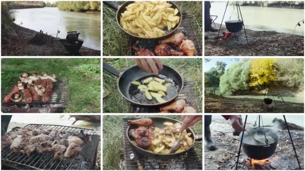 Főzés Tűzön Grillezés Közben Halászat Folyóparton Szabadtéri Kikapcsolódás Koncepciója Videó — Stock videók