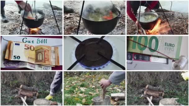 Cocinar Sobre Fuego Cortar Leña Con Hacha Una Alternativa Uso — Vídeo de stock