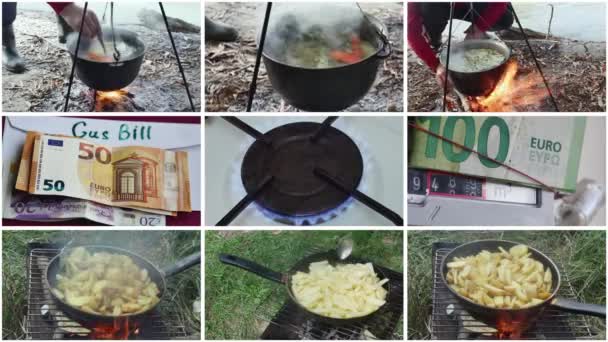Cocinar Sobre Incendio Naturaleza Como Una Alternativa Aumento Los Precios — Vídeos de Stock