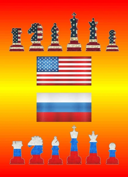 アメリカVsロシア イラスト チェスの駒とチェスの駒とチェスの駒とロシアの旗 — ストックベクタ