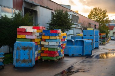Colorful fish shipping boxes. Unattended fish shipping boxes.