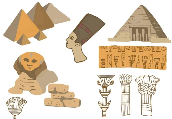 Egypt pyramids ancient art ancient world sphinx hieroglyphs ornaments hand drawn illustration set large isolated elements on white background